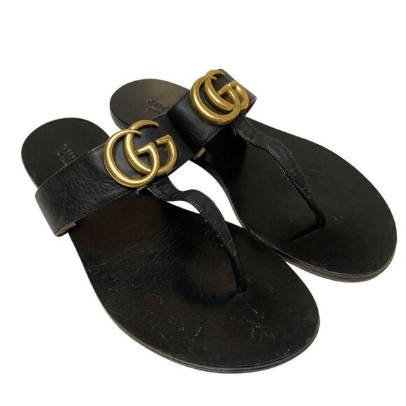 Gucci Marmont GG Thong Sandals EU 36 US 6 Black Flat Flip Flop Slide Interlock - Picture 1 of 12